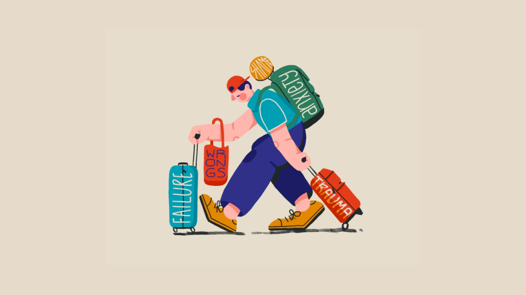 A person carrying a lot of suitcases with the labels "trauma", "failure", "wrongs" and "anxiety" on them. A literal interpretation of the term 'emotional baggage'.